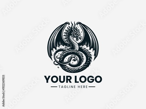 Monochrome logo design featuring a dragon with wings and flames on a white background with space for custom text.