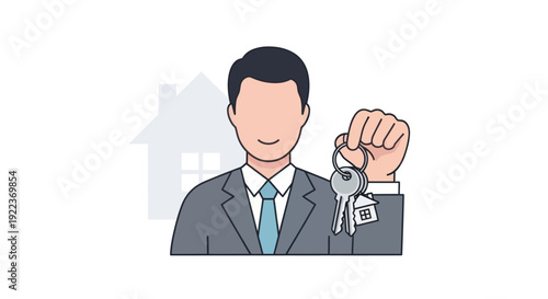 Professional man in suit holding house keys representing real estate.