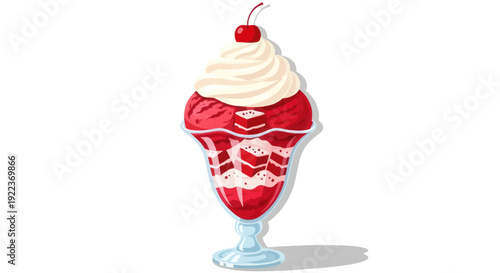 A classic red ice cream sundae illustration with whipped cream and a cherry on top.