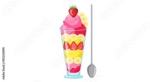 Delicious Strawberry and Banana Parfait Dessert in Tall Glass with Spoon.