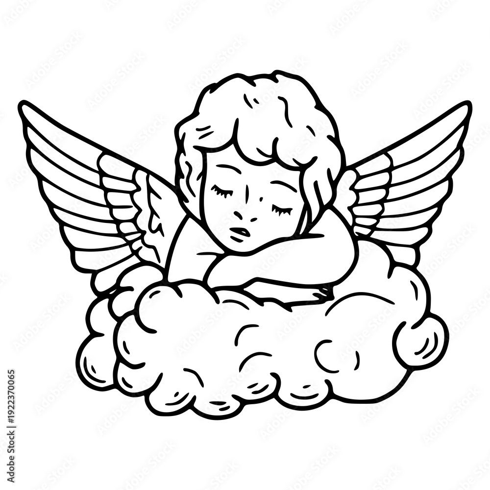 Fototapeta premium cute cherub angel sleeping on cloud line art illustration