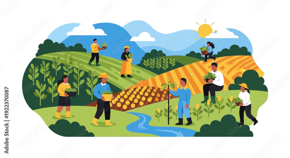 Naklejka premium Diverse Farming Team Working in Agricultural Fields. Flat Vector Illustration of Sustainable Harvest, Rural Labor, and Community Growers.