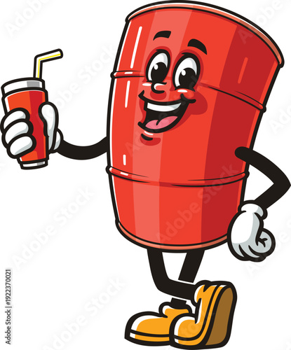 Oil drum mascot cartoon holding a soft drink