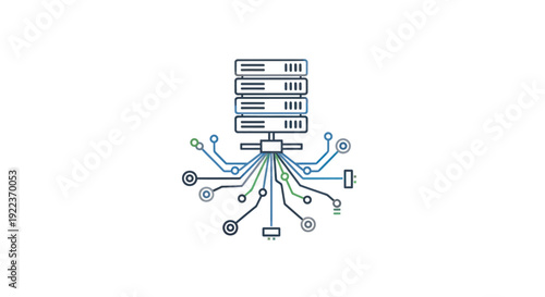 Digital Server Rack Connected to Network Devices and Data Flow Line Art.