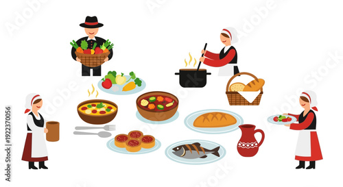 Traditional Rustic Food Preparation and Serving Vector Set. People in folk costumes cooking soup, bread, and harvest vegetables.