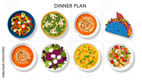 Colorful Healthy Dinner Food Icons, Meal Plan Vector, White Background