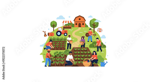 Community Farming and Agriculture: Diverse People Planting and Harvesting Vegetables in a Sustainable Farm Garden. Flat Vector Illustration.