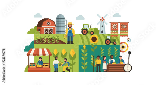 Farming and Agriculture Concept Illustration. Rural Life, Harvest Festival, Local Farmers Market, Barn, Tractor, and Crops Flat Vector Design.