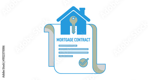 Mortgage Contract with House Icon and Key Blue and White Design.