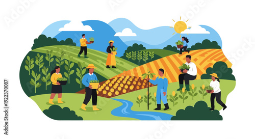Diverse Farming Team Working in Agricultural Fields. Flat Vector Illustration of Sustainable Harvest, Rural Labor, and Community Growers.