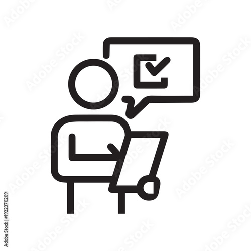 Man putting down results or answers line icon. Auditor, estimator, client. Survey concept. Vector illustration can be used for topics like business, marketing, service