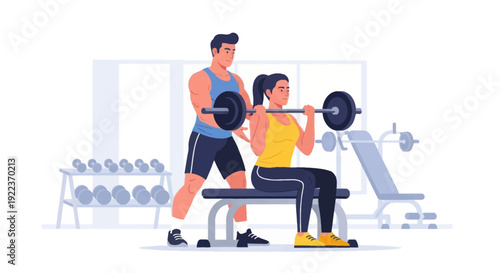 Woman Bench Pressing with Trainer at Gym Lifting Weights.