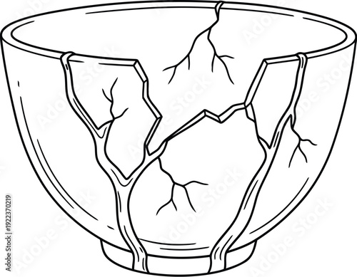 Broken Ceramic Teacup Kintsugi Cracks Minimal Vector Line Art – Variable Stroke Black on White