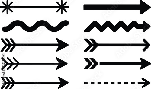 A diverse group of black arrow and smoothly wavy line symbols presented on a bright white background