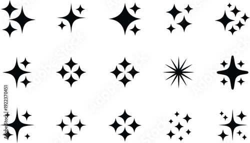 A diverse compilation of different black sparkle and twinkle icons displayed against a pure white backdrop