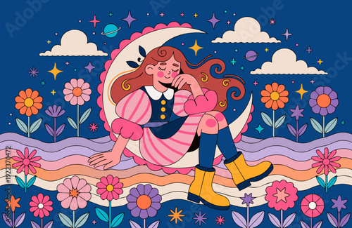Dreamy night lofi girl resting on crescent moon surreal woman in vintage dress napping above floral lake whimsical 2D cartoon flat illustration