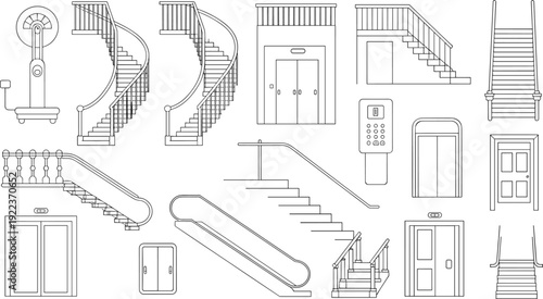 Set of black and white stairs, elevators, escalators, doors, spiral staircase, keypad, modern architecture, building elements, construction design