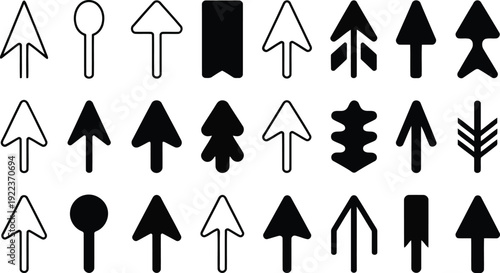 A diverse set of twenty four black and white arrow icons pointing upwards in various styles