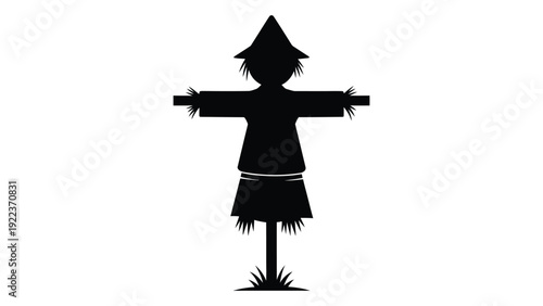 A black silhouette of a scarecrow standing in a field isolated on white background, Vector
