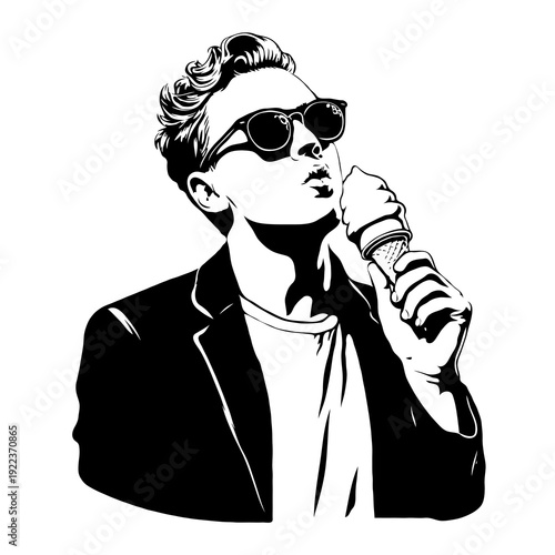 Stylish man wearing sunglasses holds ice cream cone, bold black and white graphic style, isolated on white, concept of summer and coolness