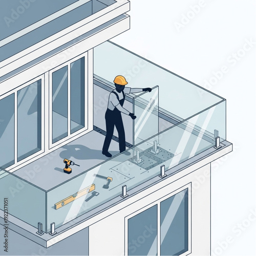 Construction worker installing glass railing on modern building balcony.
