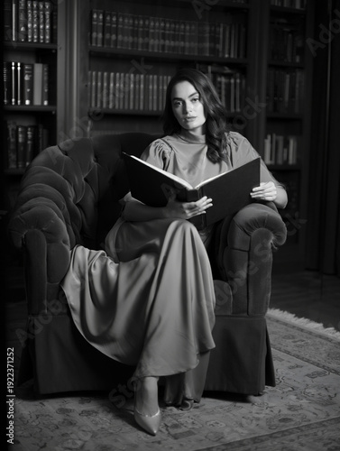 Elegant Woman Sitting in Vintage Library Armchair Reading a Book Black and White Portrait