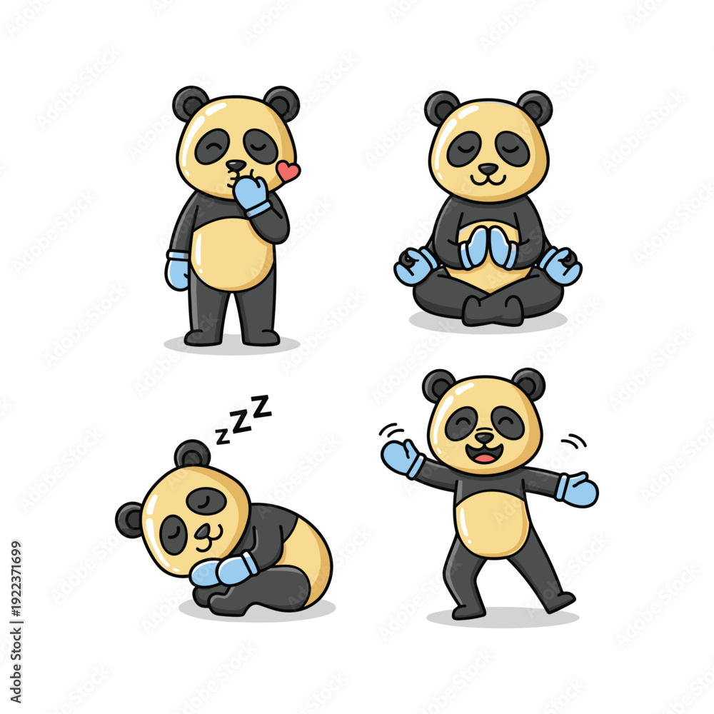 Naklejka premium Cartoon panda bear meditating and sleeping with cute expressions