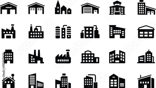Set of black building icons, warehouse, factory, office, church, industrial, commercial, cityscape, architecture, urban, real estate, silhouette vector