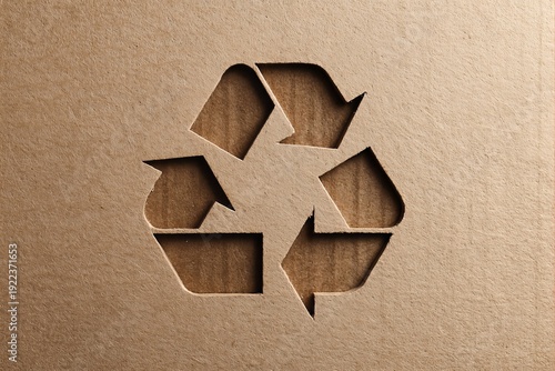 Recycling logo design carved in cardboard with textured light background symbolizing eco-sustainability, highlighting the importance of a circular economy in a minimalist style