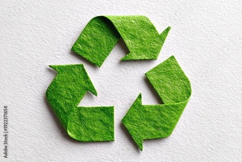 Recycling symbol in green with textured arrows on light background, emphasizing eco-friendliness and sustainability for environmental campaigns and awareness projects