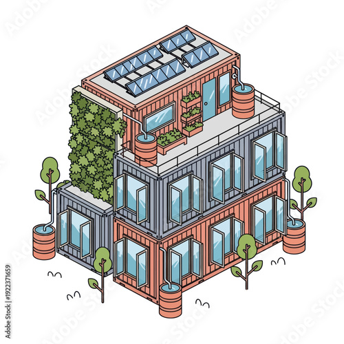 Modern Multistory Building with Rooftop Garden.
