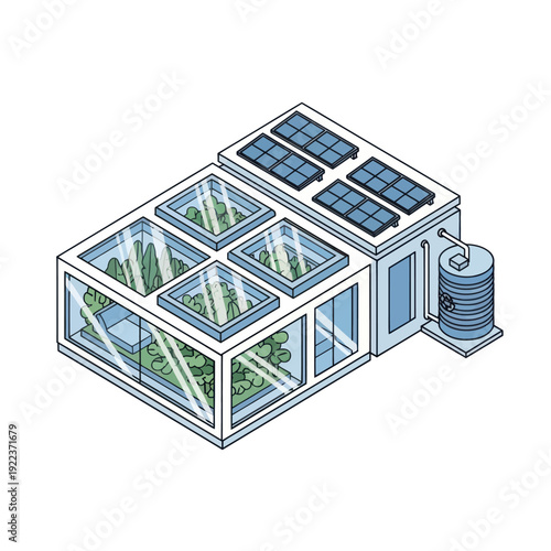 Modern Greenhouse with Solar Panels Illustration.
