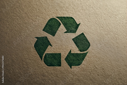 Recycling symbol with green arrows on a textured brown background, showcasing sustainability and eco-friendly resource management. Ideal for environmental campaigns and eco-conscious projects