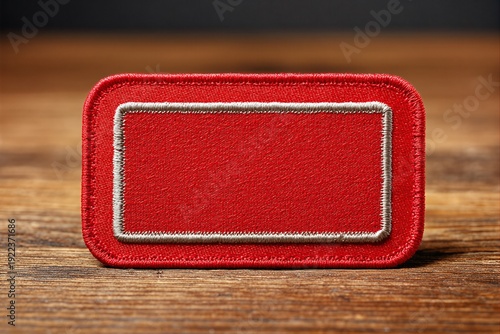 Red rectangular patch with silver edging against a wooden background showcasing smooth texture and curved edges, perfect for fashion and crafting enthusiasts seeking minimalist designs