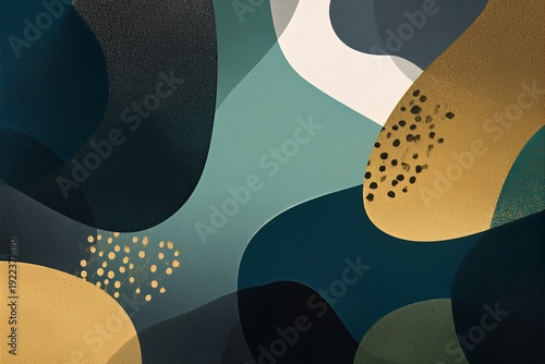 Abstract forms with rich green and dark blue tones featuring golden and light beige elements, creating soft, textured backgrounds with delicate details for a modern artistic touch