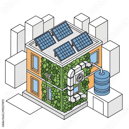 Sustainable House with Solar Panels and Greenery.