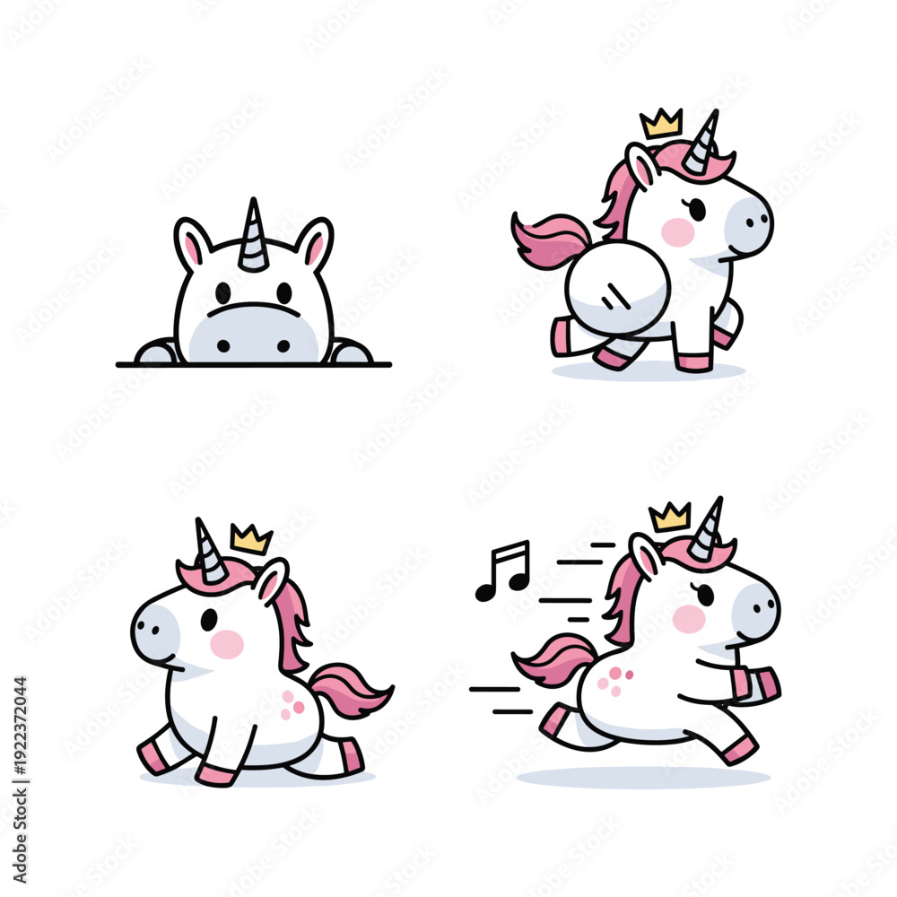 Fototapeta premium Cute cartoon unicorn set with different emotions and actions in a minimalist style