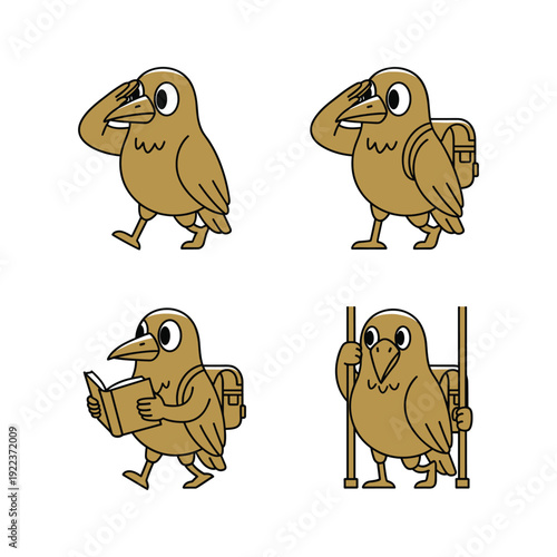 Cartoon bird traveler with backpack and trekking poles in different poses on white background