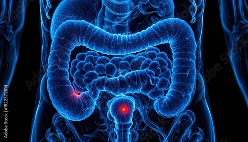 Illuminated human large intestine with highlighted inflammation areas