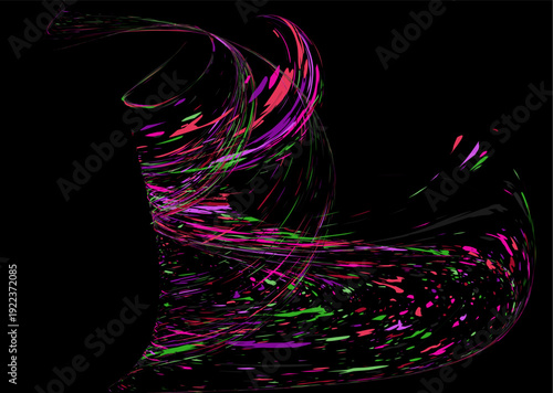 Multicolored paint splashes, dust particles, and debris are carried by the wind. Design for banners.