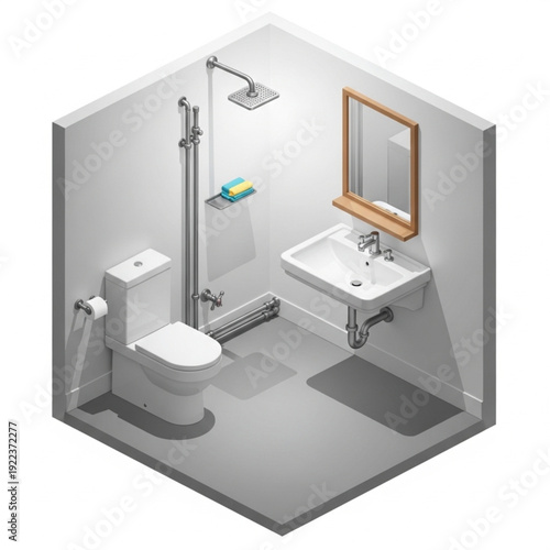 3D illustration of a modern minimalist bathroom interior with toilet sink and shower.