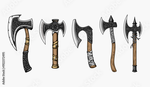 Viking Battle Axe Collection, Ancient Nordic Weapon Set Vector Illustration