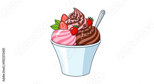 A colorful cartoon illustration of a swirled strawberry and chocolate ice cream cup with fresh strawberry toppings and a spoon.