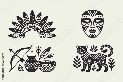 Tribal Ethnic Icon Set: Mask, Headdress, Jaguar, and Weaponry.