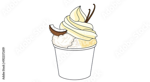 Creamy Soft Serve Ice Cream with Vanilla Bean and Coconut Topping Illustration.