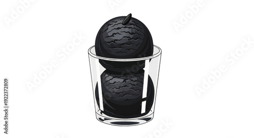 Two dark textured spheres stacked inside a clear glass container.