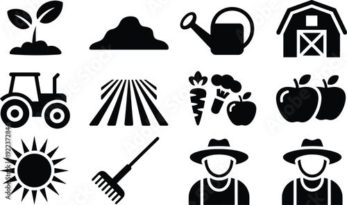 Agriculture and farming silhouette illustration featuring crops, tractor, barn, farmers, tools, and produce icons symbolizing cultivation, sustainability, food production, and rural lifestyle graphics