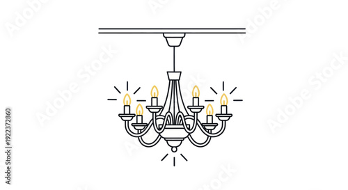 Elegant multi-arm chandelier with glowing candle lights a classic line art illustration.