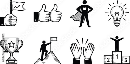 Black and white hand drawn success icons set with thumbs up, superhero, trophy cup, winner podium, flag growth and light bulb idea illustration