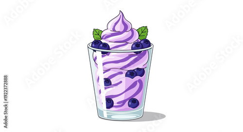 Delicious Blueberry Swirl Soft Serve Ice Cream Sundae in a Glass.